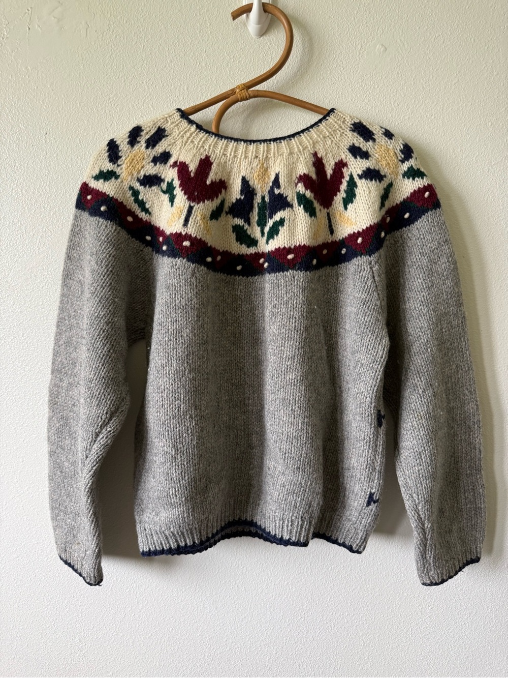 Sky Gray Crewneck Sweater with Cream, Burgundy and Navy Fair Isle Yoke - Picture 5 of 6